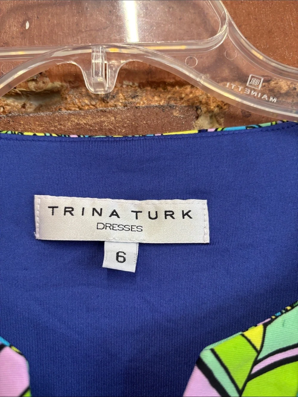 Trina Turk Rocio V-Neck 3/4 Sleeve Shift Dress Blue/Green/Purple Leaf Print Sz 6